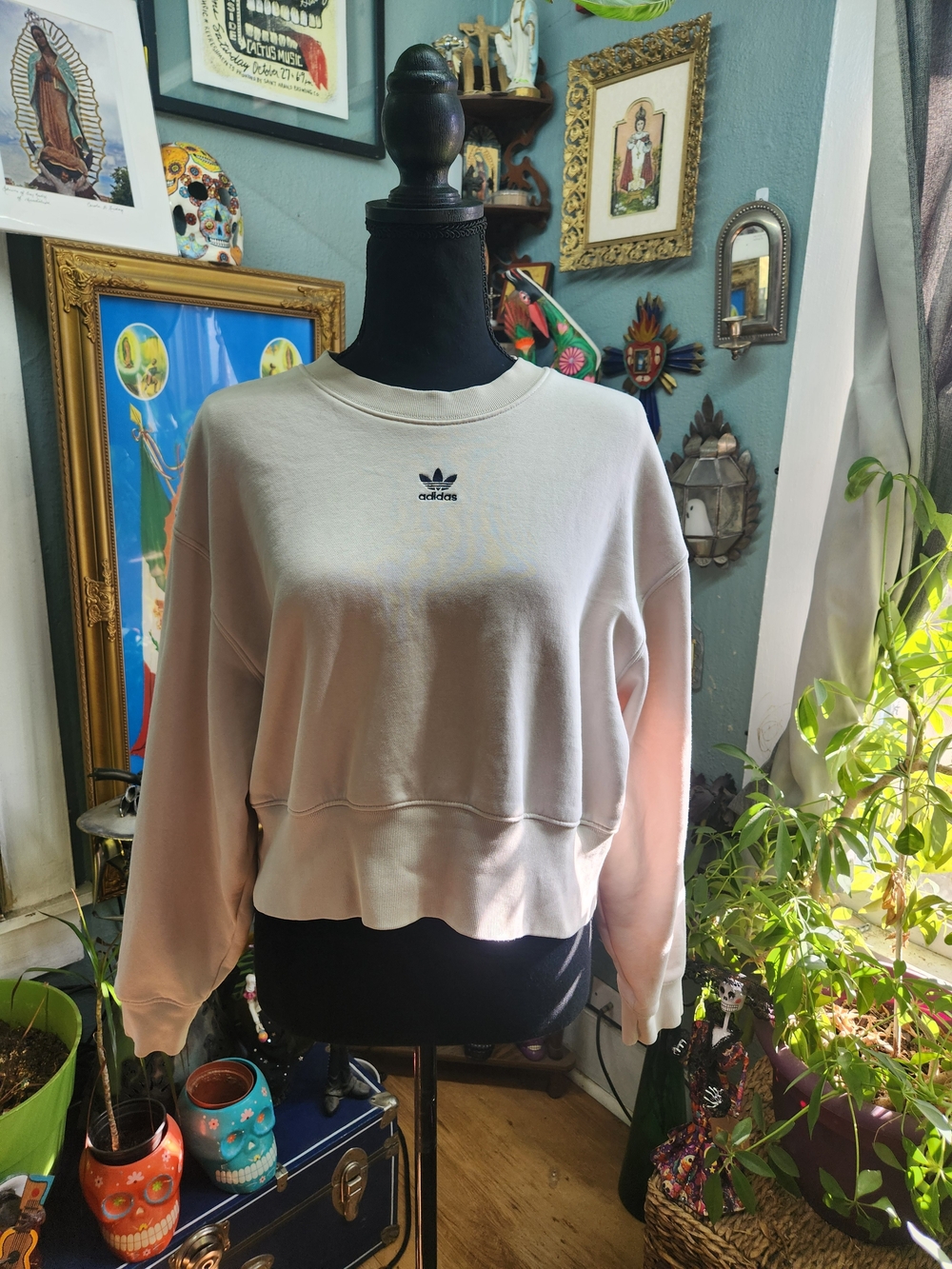 adidas Cream Cropped Crew Sweatshirt with Trefoil